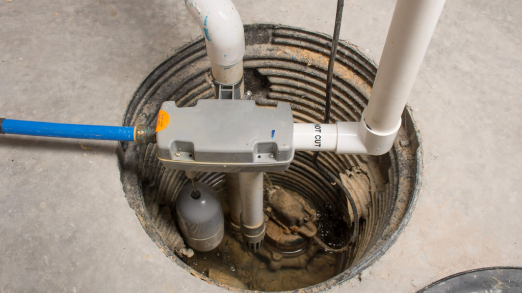 Top-down view of a sump pump with float switch assembly
