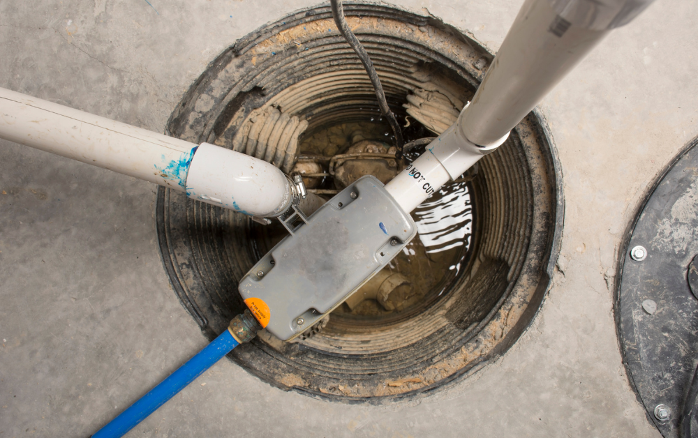 Top-down view of a sump pump with float switch and PVC discharge lines