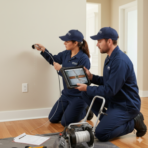`Two plumbers reviewing sewer camera inspection footage showing root intrusion inside a residential drain line`