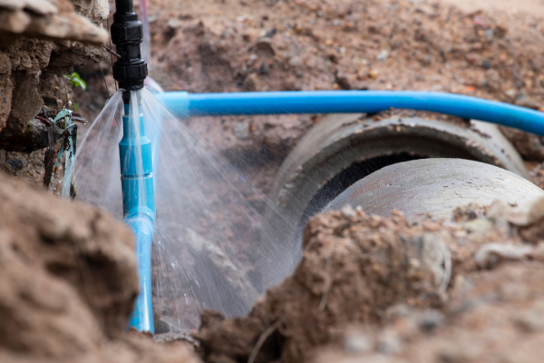 Excavated trench exposing a residential sewer lateral pipe running from the foundation to the street